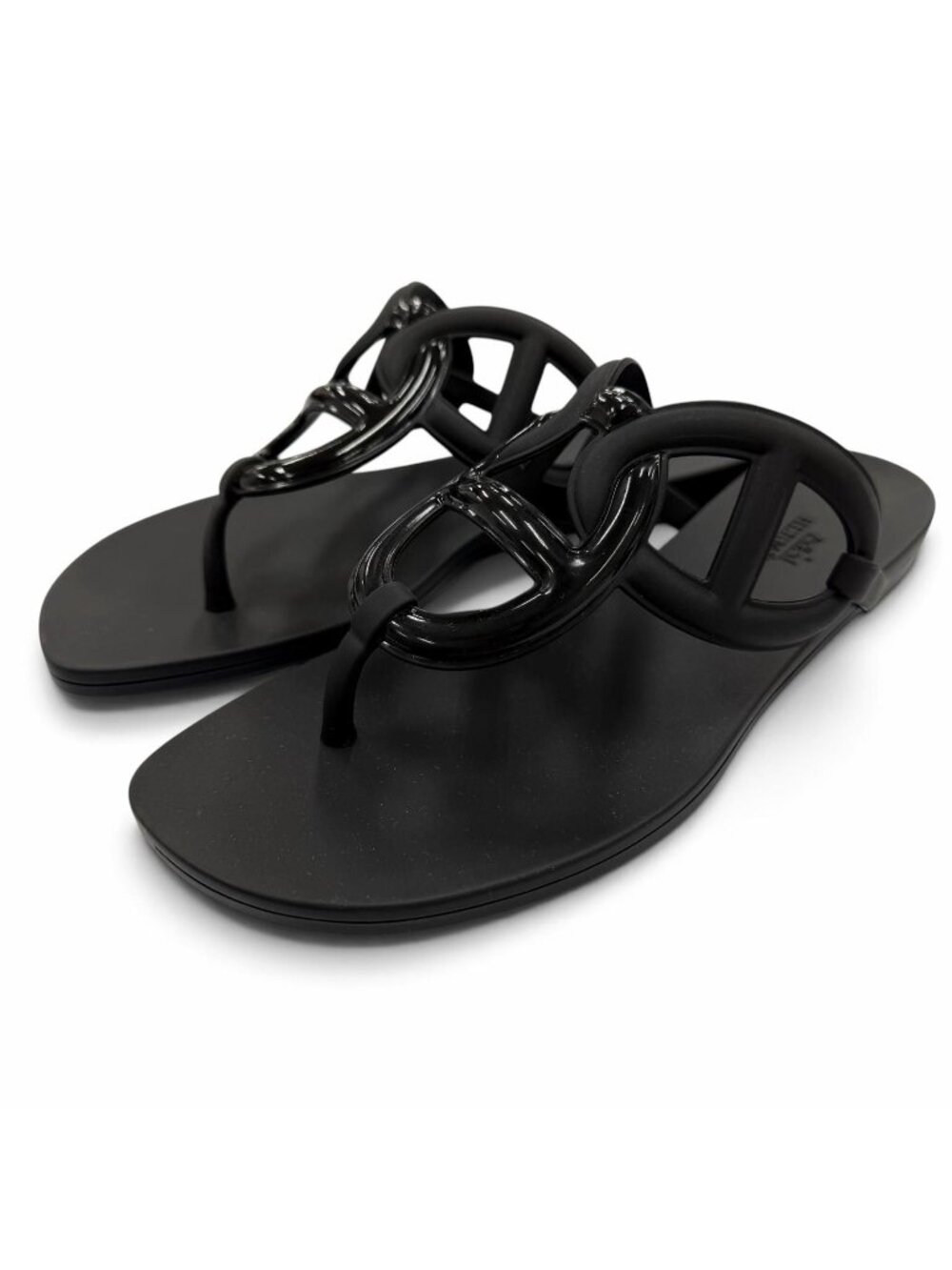 Hermes Egerie Rubber Chaine D'ancre Flat Sandals Thong Black